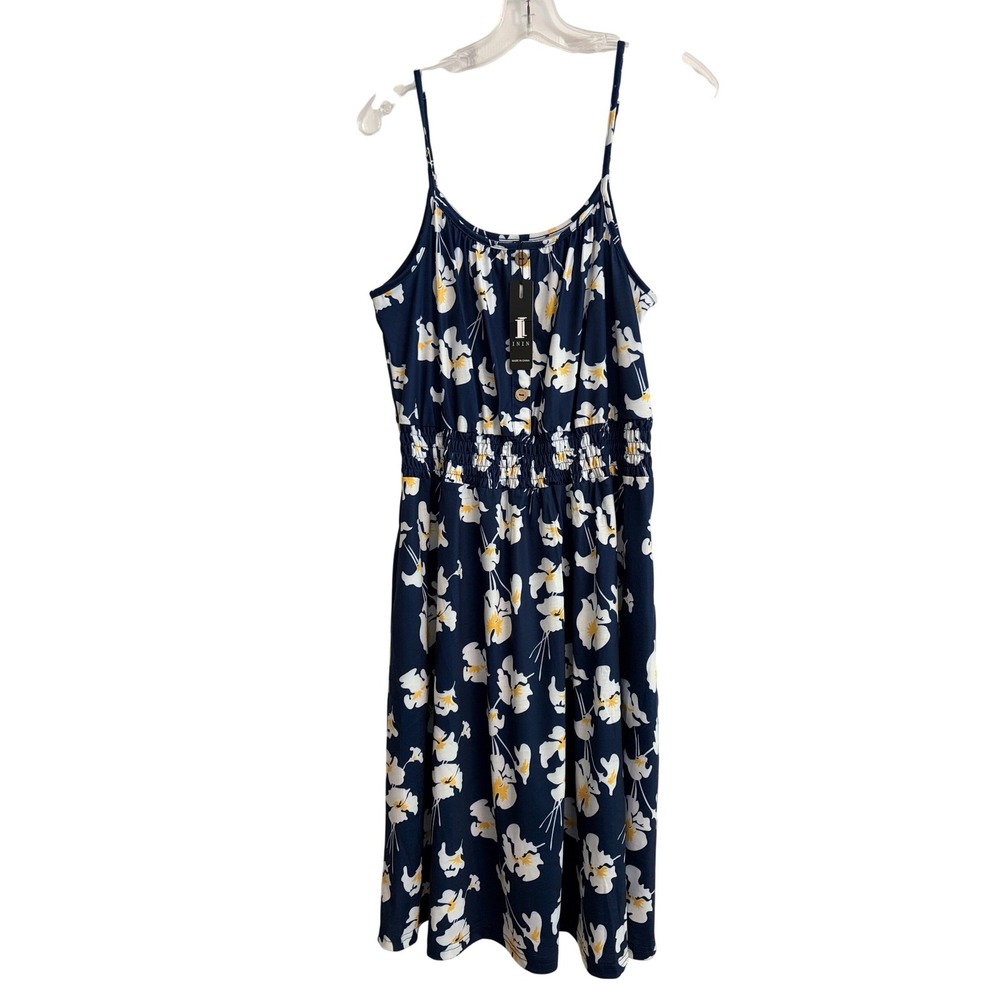 New‎ Navy Blue Floral Smocked Empire Waist Sundress w/ Pockets Large lightweight